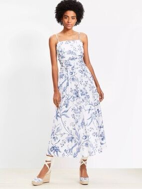 Loft Bird Toile Strappy Midi Pocket Dress Blue White Floral Cotton 8 NWOT